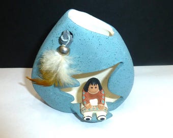 Vintage native american Navajo window pot hand made mother child boy girl indian cut out vase Cave Creek Arizona