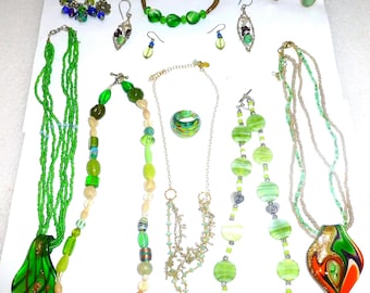 Vintage hand made artisan green murano art glass pendant ring necklace beaded crystal jewelry lot