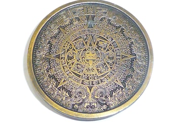 Vintage 1974 Mayan Aztec calendar belt buckle Bergamot Brass