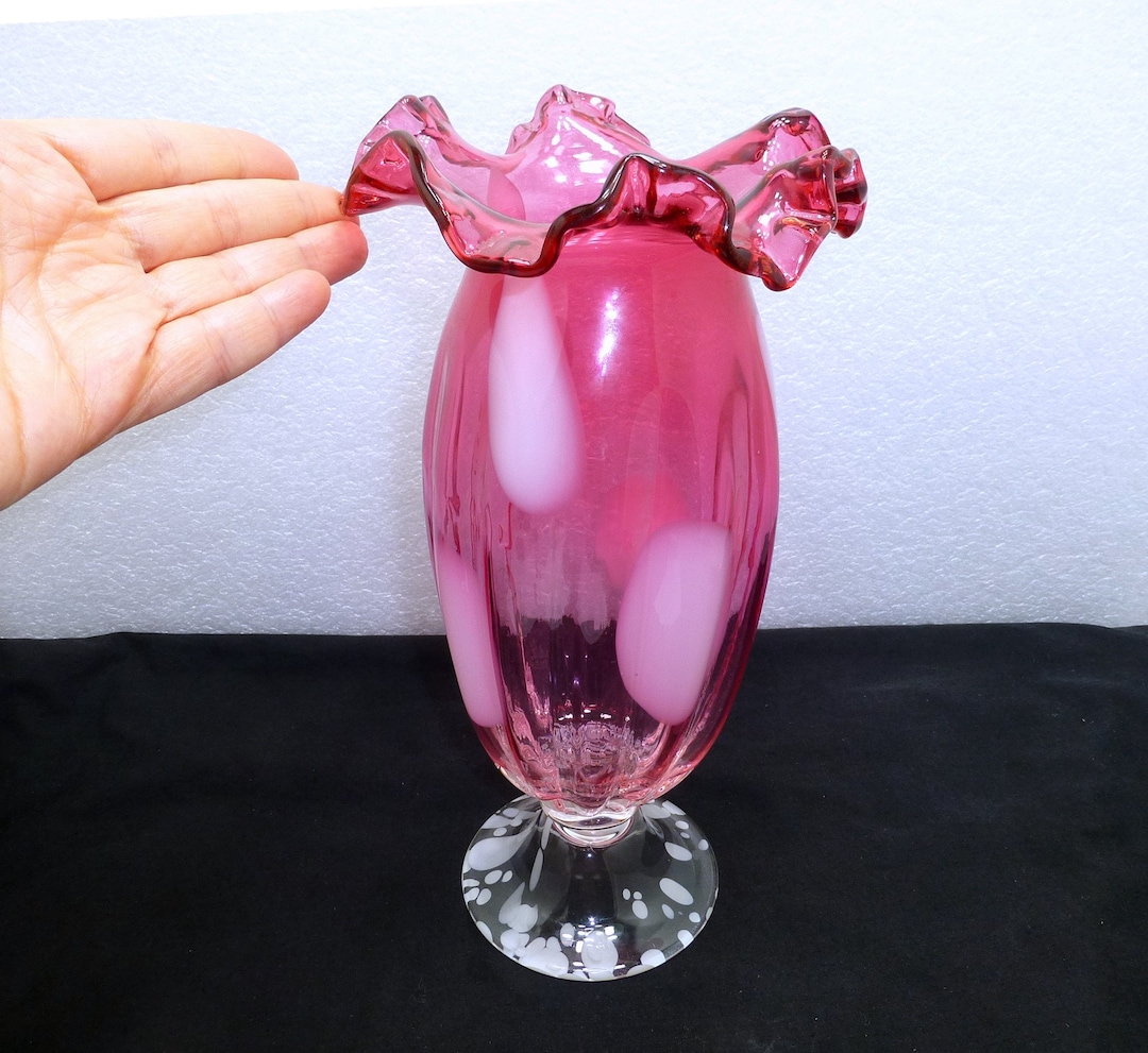 Fabulous Large Cranberry Glass Vase Ruffle Top White Dot Spots Etsy