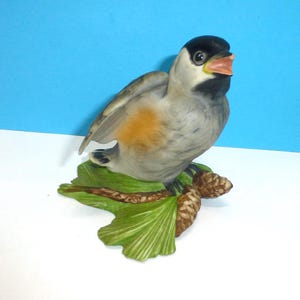May include: A porcelain bird figurine featuring a black head, grey body with an orange patch, and an open orange beak. The bird is perched on a green leaf base with two brown pinecones, captured in a detailed, realistic ceramic sculpture.