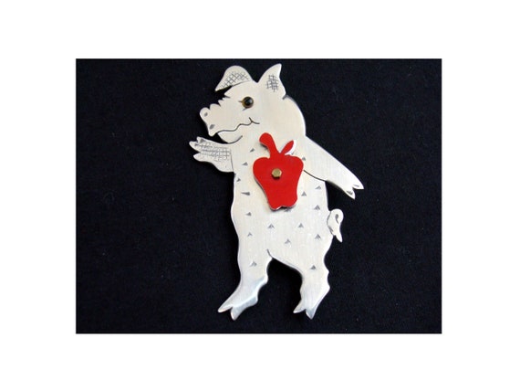 Artisan D Nore sterling pig apple heart pin hand … - image 1