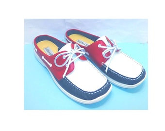 Unworn red white blue leather top sider boat deck shoes slip on women's 9 patriotic
