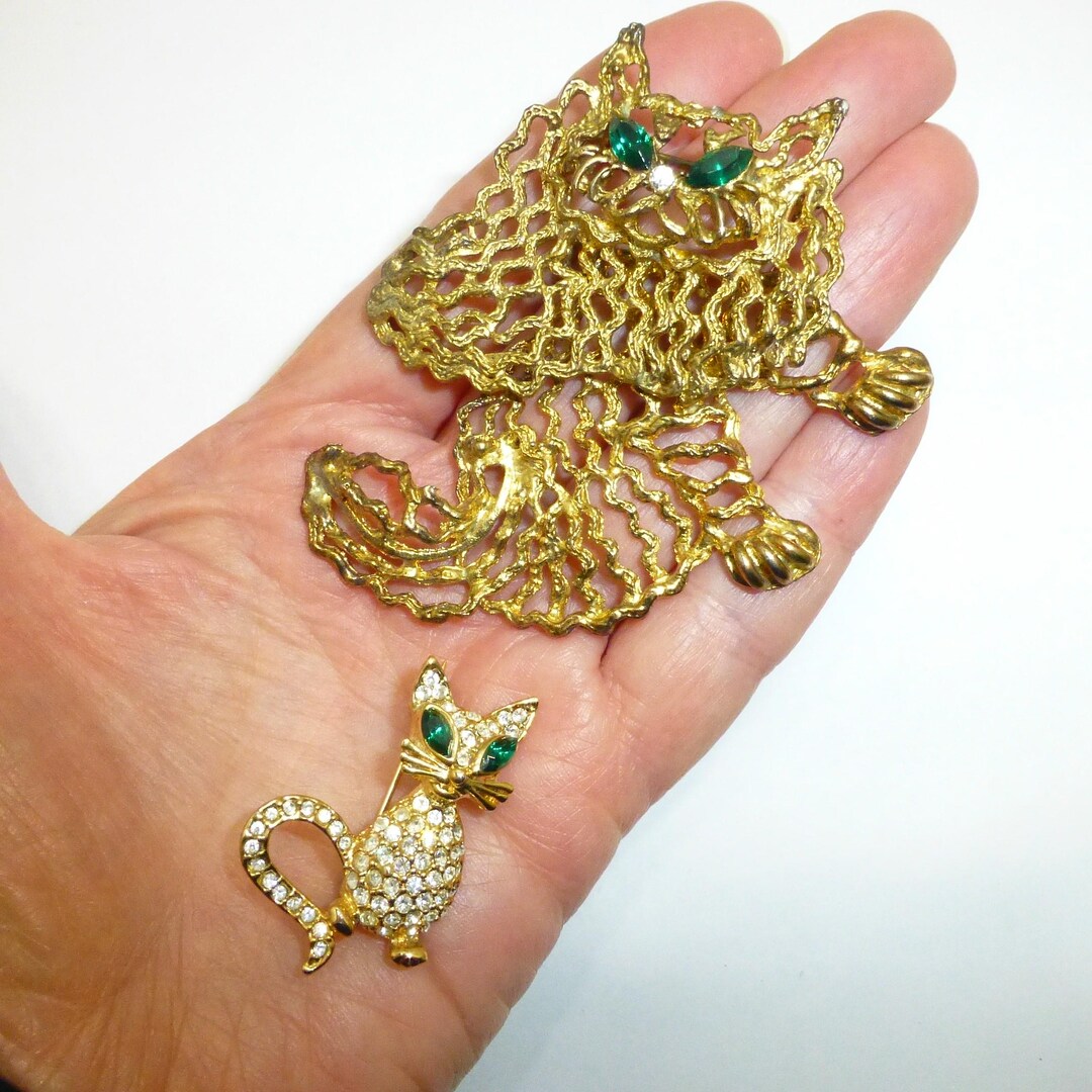 2 Cat Brooch Large Moveable Articulated Persian Rhinestone Kitten Pin ...