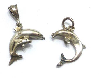 2 Sterling dolphin bracelet charms vintage 925 silver necklace pendant jewelry lot