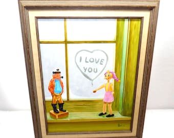 Large unique vintage painting I love you wood carved sea captain sailor wooden doll heart Valentine