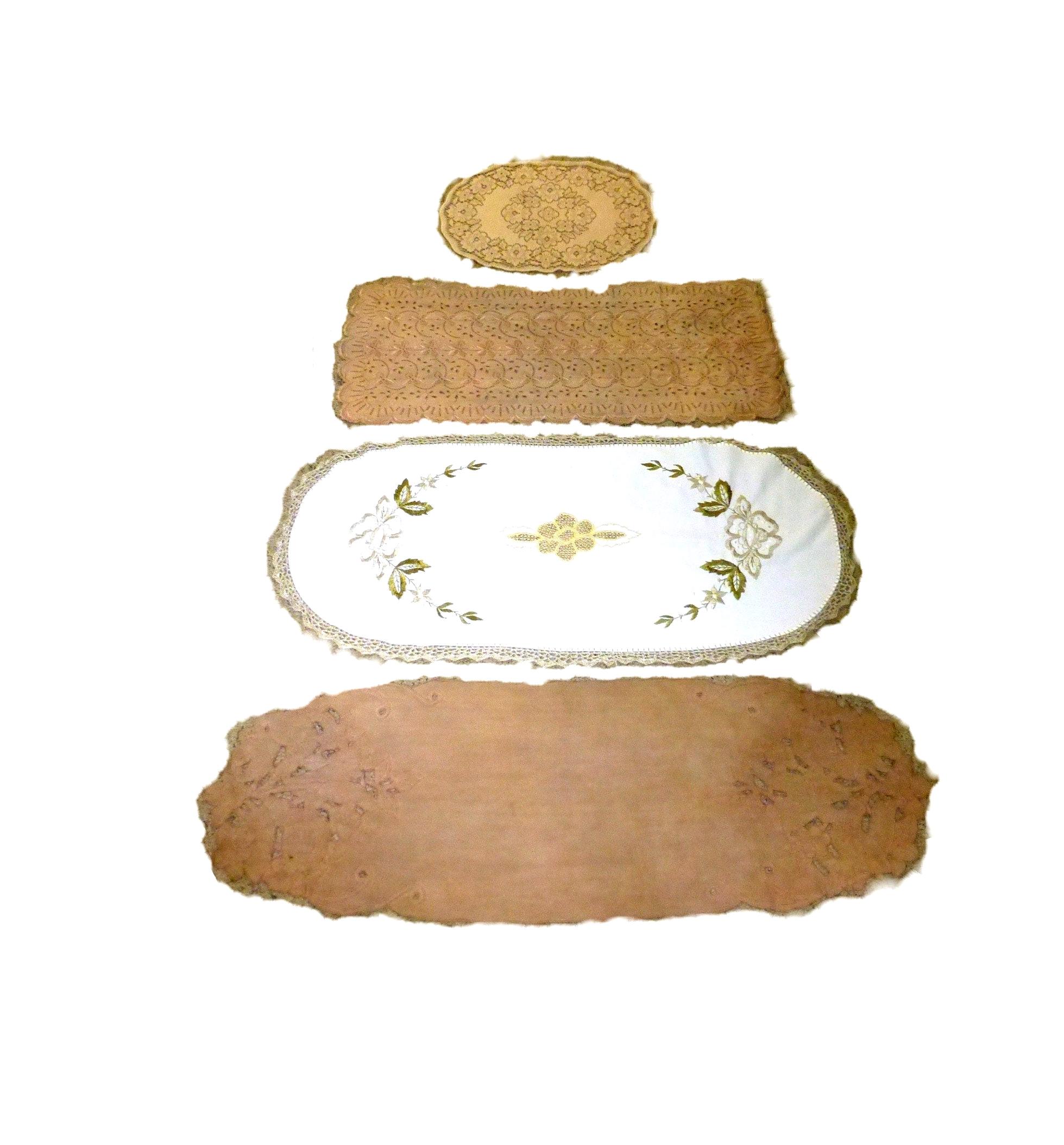Vintage brown tan doilies embroidered flower table runner lot