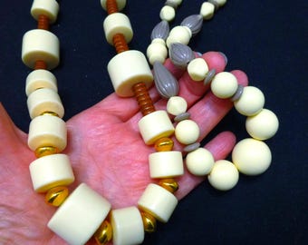 2 Vintage Kenneth Jay Lane mod necklace geometric abstract tribal chunky lucite plastic jewelry lot