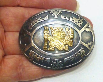 Vintage large sterling 18k gold aztec brooch pendant mayan god 925 silver pin old jewelry