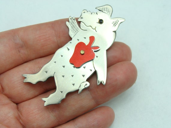 Artisan D Nore sterling pig apple heart pin hand … - image 3