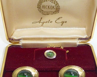 Gorgeous Hickock agate eye cuff links tie tac pin set gold tone cufflinks jewelry