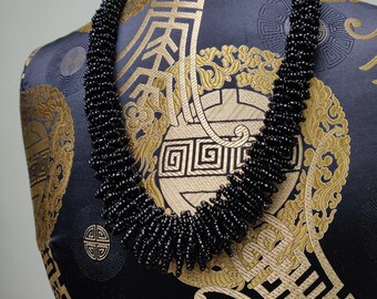 Postwar French jet black glass statement necklace