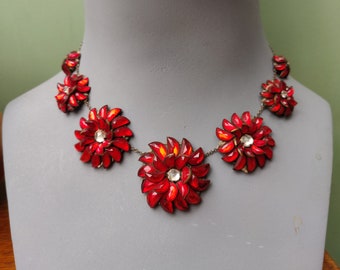 Mid Century Bohemian glass and base metal flower necklace and earring set