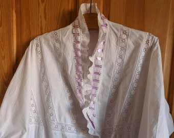 Broderie Anglaise trimmed, homemade v necked white nightgown, early 20th Century, up to 38 inch bust