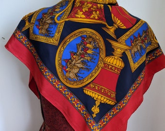 Vintage large silk foulard hand rolled edge scarf - Liberty  neo classical urns and hunting 85cm x 85cm