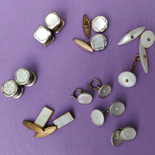 Vintage cufflinks, gold plated, mother of pearl, chrome and gilt - 1920, 30s and 40s