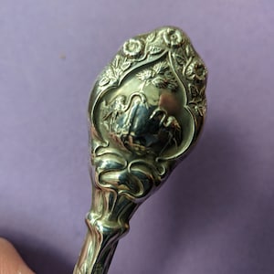 May include: Close-up of a silver spoon handle with an ornate design featuring a floral motif and two birds.