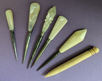 Vintage animal bone and mother of pearl Sewing awls  / stilettos / fids.  19th Century.