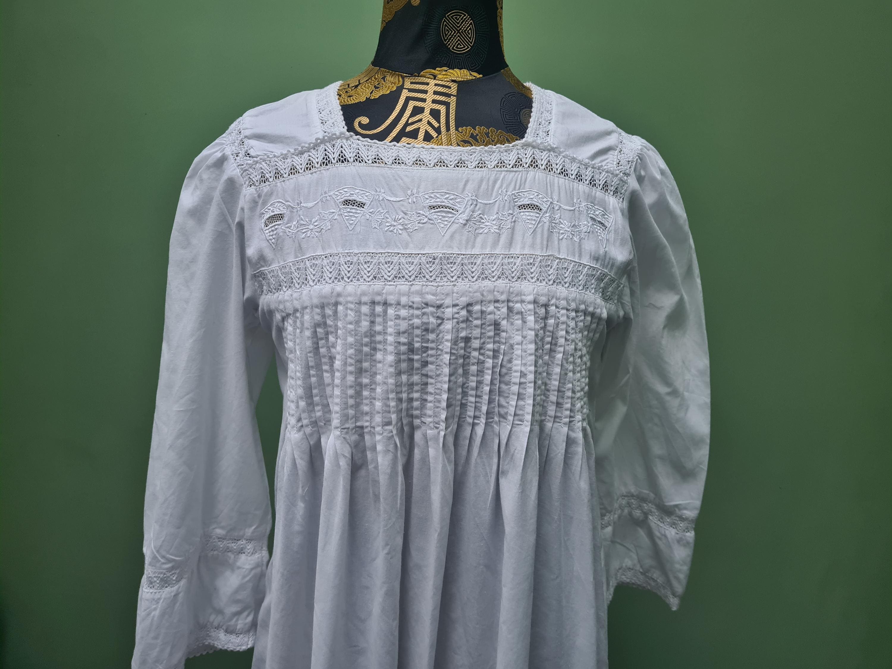 Vintage Past Times embroidered, pin tucked and lace trimmed cotton nightgown full length - medium to large