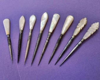 Vintage mother of pearl and steel sewing awls  / stilettos / fids.  19th Century.