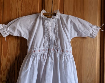 Vintage early 20th century baby gown. gathers, insert lace, tie back