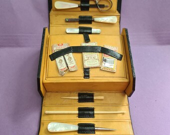 Antique compact portmanteau sewing necessaire, c 1895 J C Vickery Regent St with John James needles