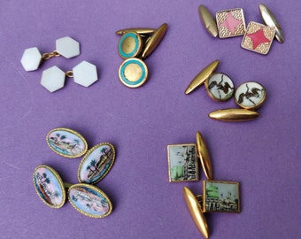 Vintage cufflinks, celluloid, glass, enamel and gilt - 1930s, 40s and 50s