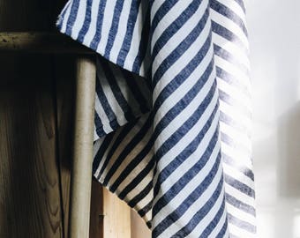 Linen Towel/  Narrow Navy Stripes Towel/ Blue White Towel / Linen blanket