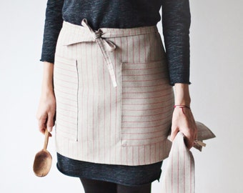 Linen Kitchen Apron / Pure Linen / Red Stripes / Natural Linen