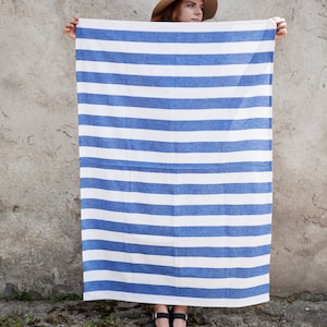 Linen Beach Blanket / Linen Towel / Striped Beach Towel /  Blue White Towel /