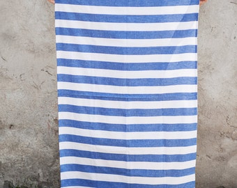 Linen Beach Blanket / Linen Towel / Striped Beach Towel /  Blue White Towel /