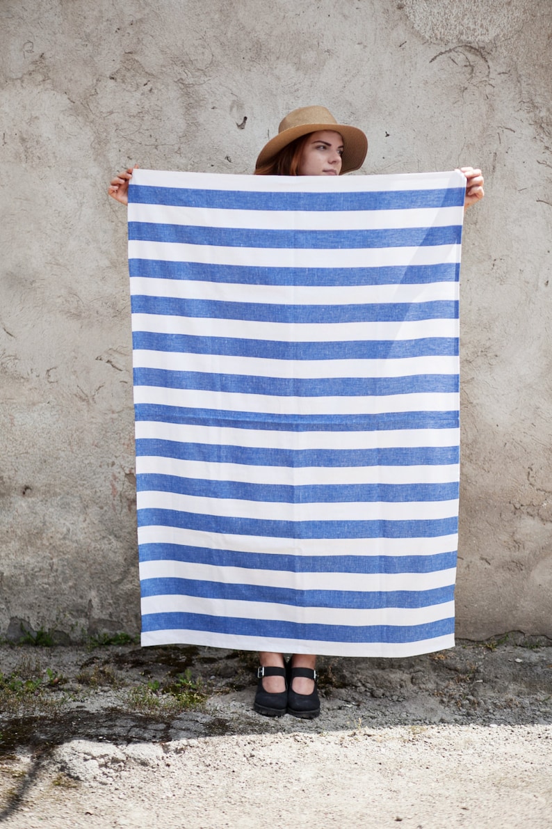 Linen Beach Blanket / Linen Towel / Striped Beach Towel / Blue Etsy