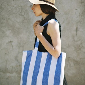 Linen Striped Tote Bag / Blue White Bag / Beach Bag / Summer Bag