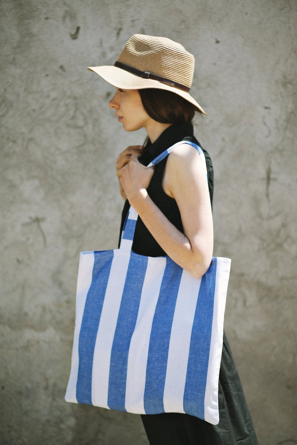 Linen Striped Tote Bag Blue White Bag Beach Bag Summer Bag