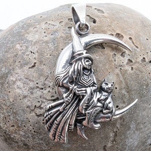 Witch Cat Pendant Necklace, 925 Sterling Silver, Black Cat Familiar Charm, Free Chain, Gothic Halloween Jewelry
