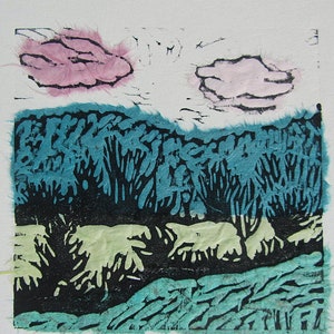 Original woodblock print with Chine-Colle: &quot;Fields&quot;