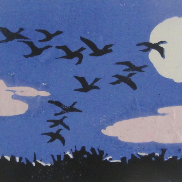 Geese in Flight original woodblock print with Chine-Colle