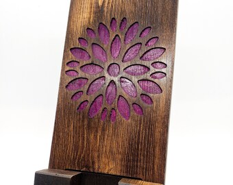Rustic Wood Phone Stand: Hand-Painted Plum Floral Design