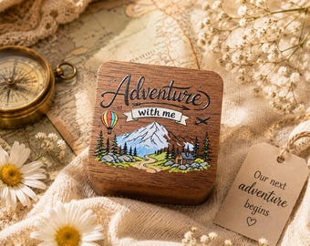 Adventure With Me houten ringdoos, bergvoorstel ringdoos, reis verlovingsringhouder, rustieke trouwringdoos, aandenken geschenkdoos