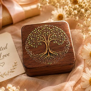 Op de afbeelding: Een vierkant doosje van donker hout met een gedetailleerde goudkleurige en groene gravure van een levensboom op het deksel. Naast het doosje ligt een crèmekleurig papieren label met de tekst Rooted in Love en een klein hartje eronder.