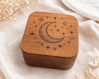 Moon and Stars Ring Box, Wooden Engagement Ring Box, Celestial Proposal Box, Rustic Wedding Ring Holder, Unique Proposal Gift