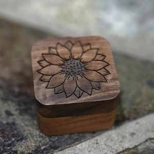 Personalized Sunflower Engraved Ring Box – Wooden Wedding Ring Holder for Engagement, Proposal, or Anniversary Gift