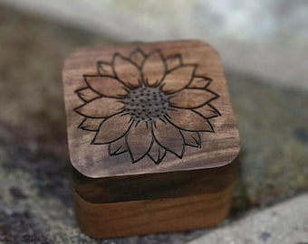 Personalized Sunflower Engraved Ring Box – Wooden Wedding Ring Holder for Engagement, Proposal, or Anniversary Gift