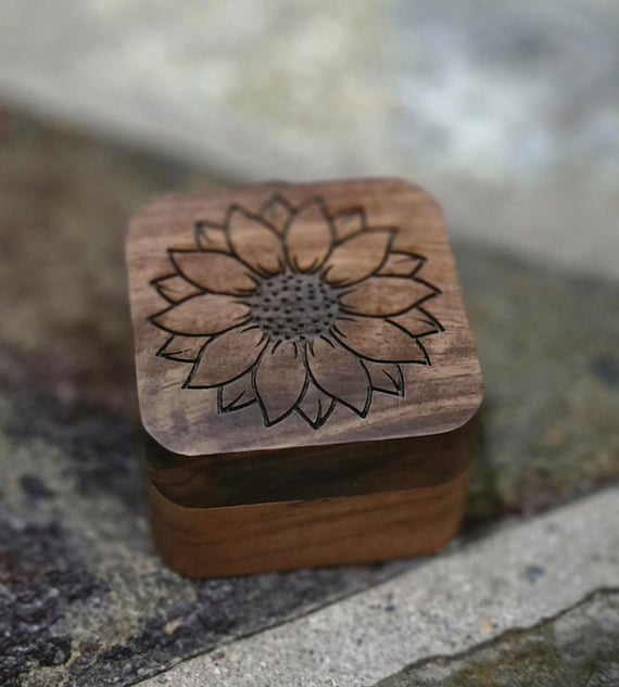 Engraved Sunflower Wooden Ring Box: Rustic Wedding Keepsake