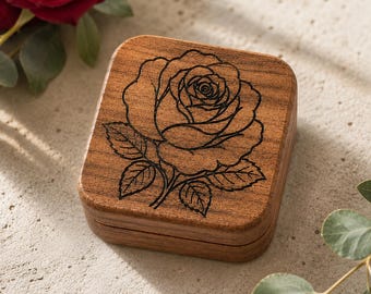 Caja de madera grabada con rosas para anillos, soporte floral para anillos de pedida de mano, regalo de recuerdo de boda.