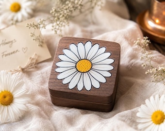 Daisy houten ringdoos, bloemenringhouder, moeder-dochter geschenkdoos, rustieke verlovingsringdoos, aandenkendoos lente bruiloft
