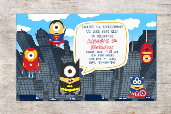 Minion Superheroes Invitation Birthday Partydigital Invitation 4x6 Or 5x7