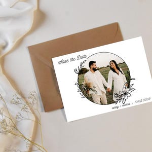 Faites gagner la date par carte postale florale simple | Modèle de toile modifiable | Faire-part de mariage imprimable | Téléchargement numérique