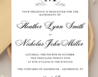 Elegant Monogram Wedding Invitation | Minimalist Wedding Invite Template | Printable