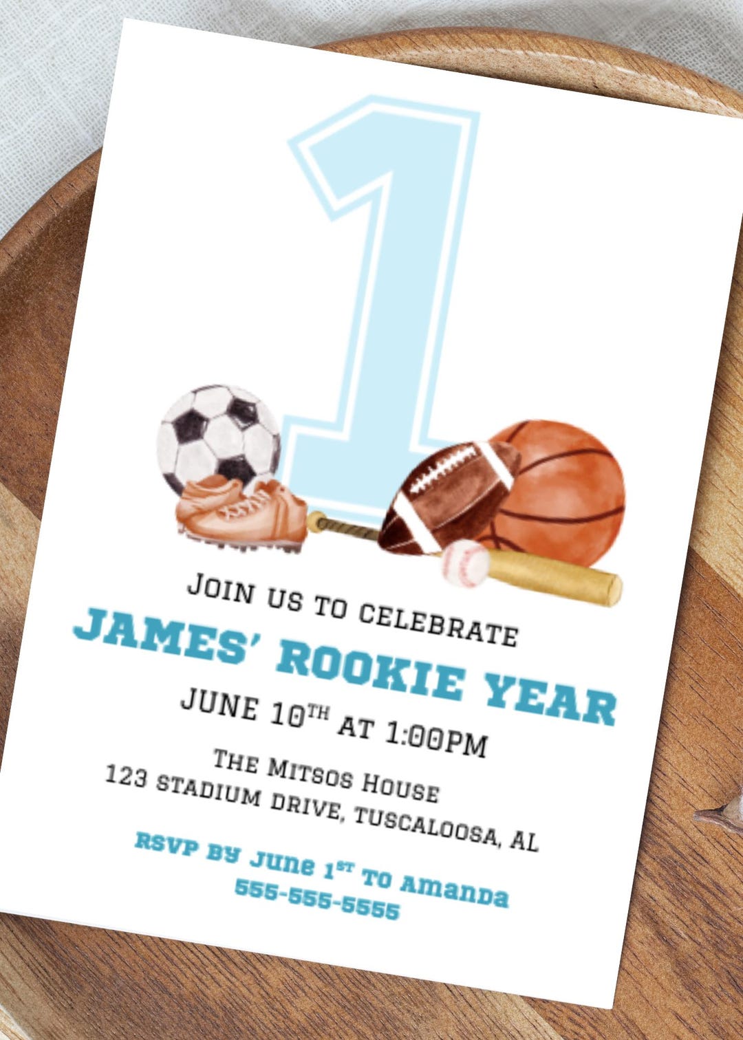 Rookie Year 1st Birthday Invitation: All Sports Party Template (digital ...